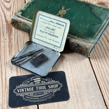 H2396 Vintage tiny JEWELLERS WATCHMAKERS taps & die in vintage Phillips tin