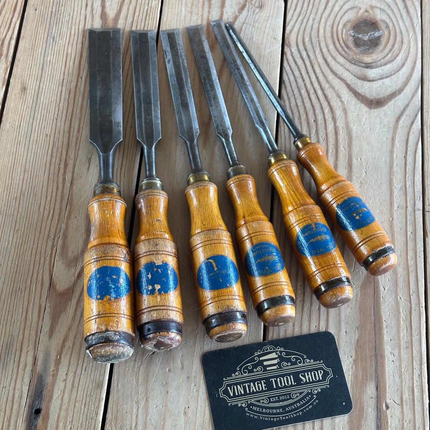 H2361 Vintage set of 6 x E.A. BERG Sweden wooden handled BEVEL CHISELS