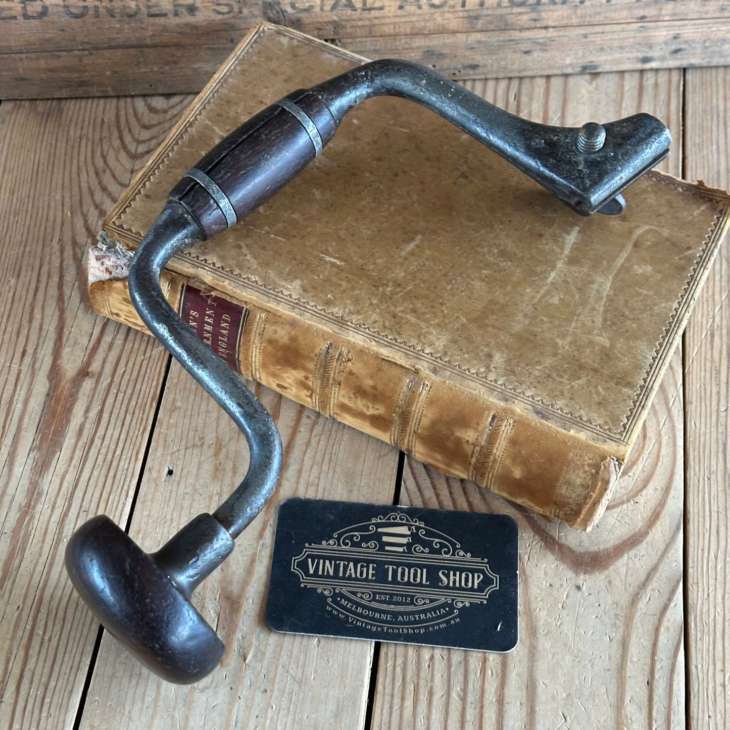 T2947 Antique JOHN FRAY 8” Pewter Ring Cocobolo Handled Drill BRACE