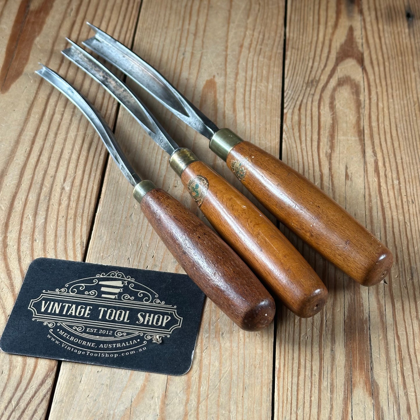 N1763 COOL! Vintage WILLIAM MARPLES & ASHLEY ILLES 3 x Carving SWEPT BENT V-GOUGE CHISEL Set