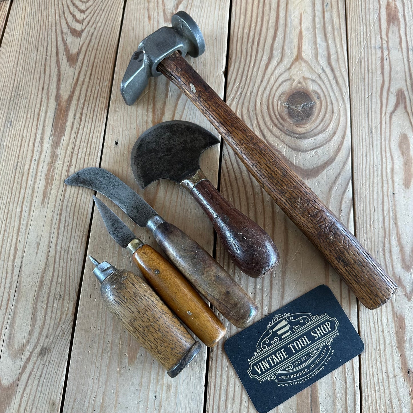SOLD. H2240 Vintage set of 5 leather work TOOLS cobblers hammer awl knife 1/2 moon