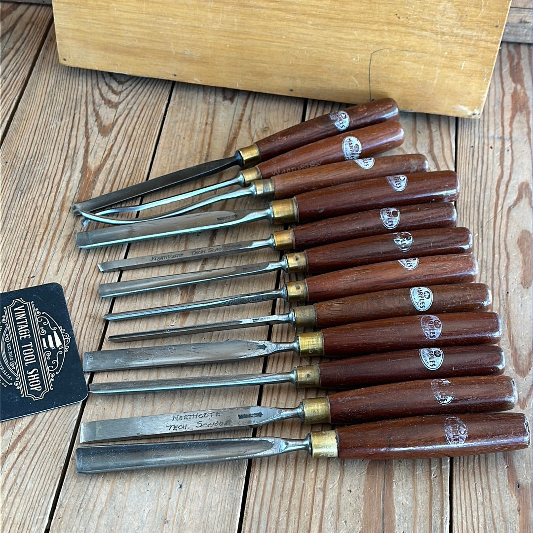 SOLD N300 Vintage set of 12 MARPLES England Carving CHISELS in a wooden box