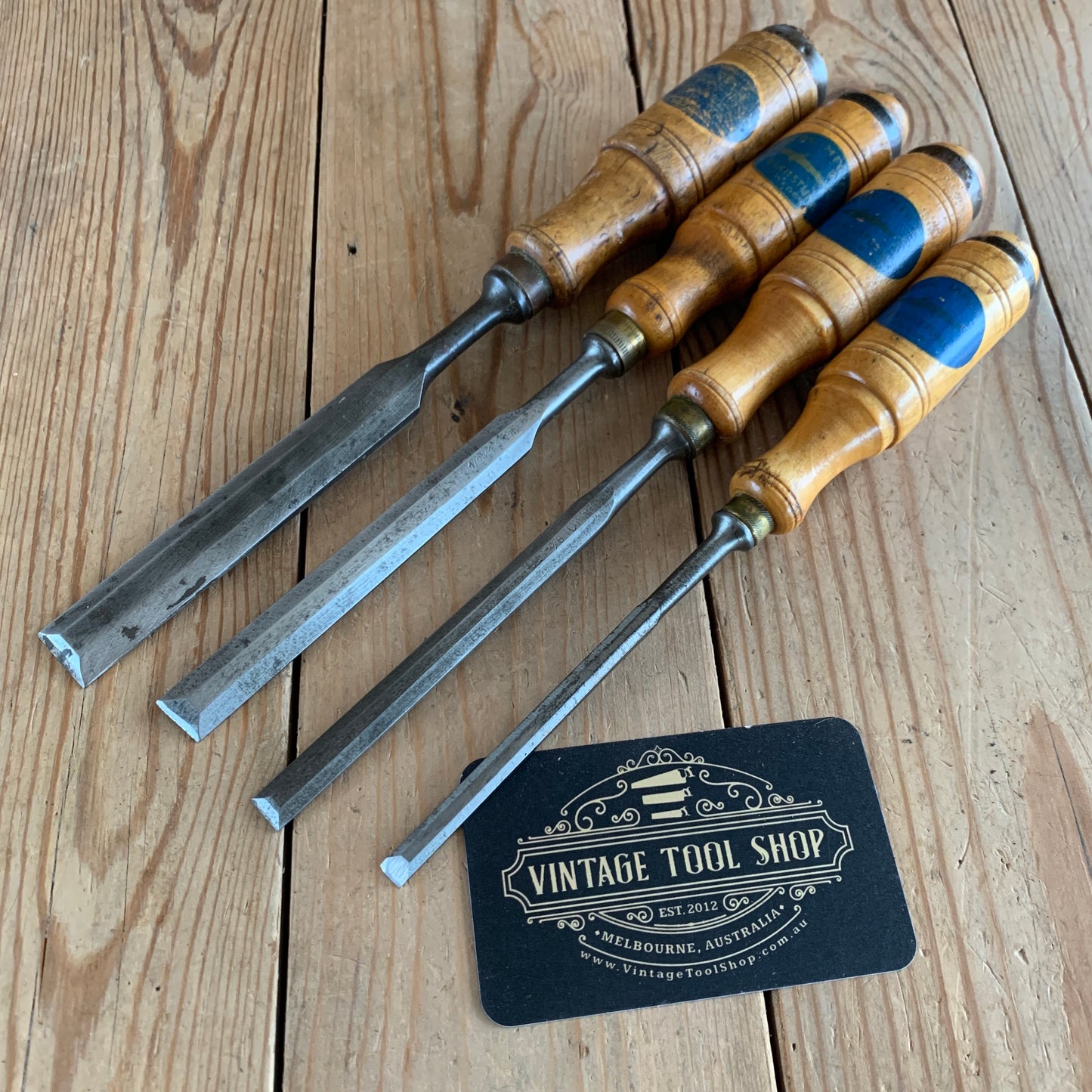 SOLD T10064 Vintage set of 4 E.A. BERG Sweden wooden handle BEVEL CHISELS