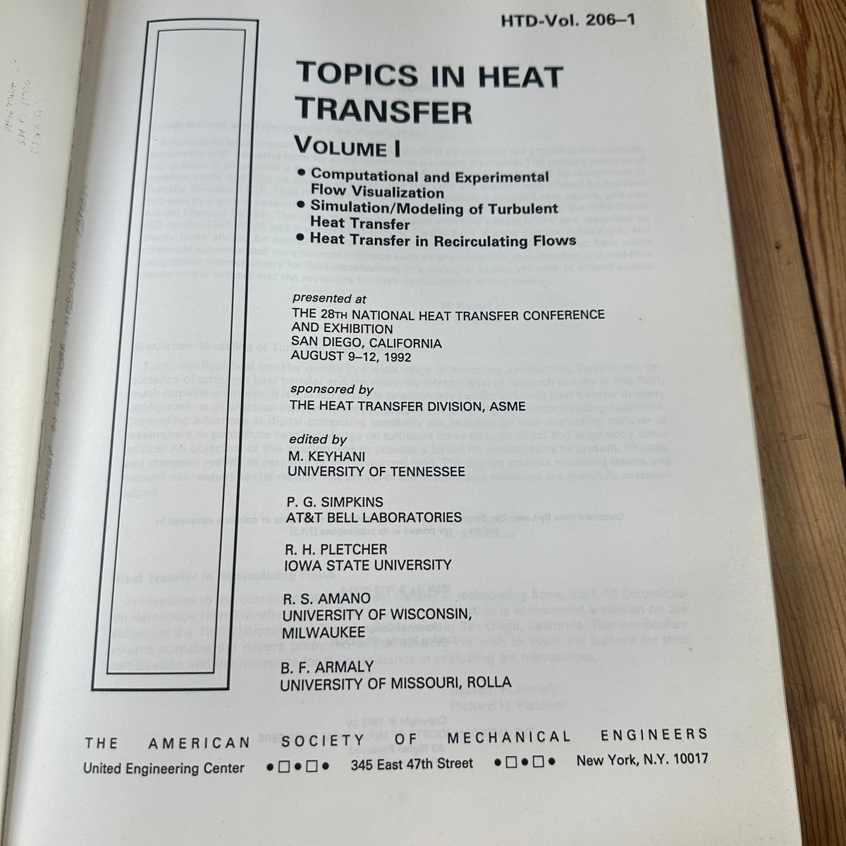XBN183 Vintage BOOK TOPICS in HEAT TRANSFER Vol 1 edited by M.Keyhani, P.G.Simpkins, R.H.Pletcher, R.S.Amano & B.F.Armaly