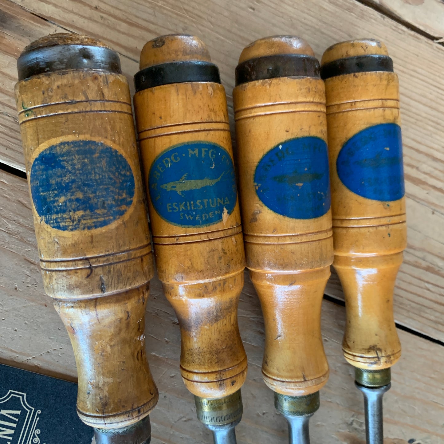 SOLD T10064 Vintage set of 4 E.A. BERG Sweden wooden handle BEVEL CHISELS