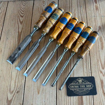 SOLD. H2131 Vintage set of 7 E.A. BERG Sweden wooden handle BEVEL CHISELS