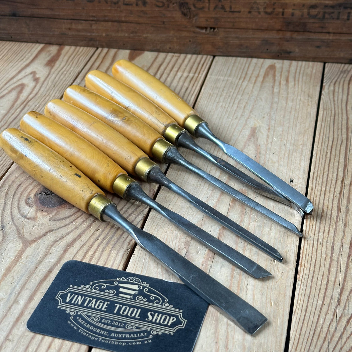 H2582 Vintage set of 6 MARPLES England Boxwood Handled Carving CHISELS including Skew & V-gouge