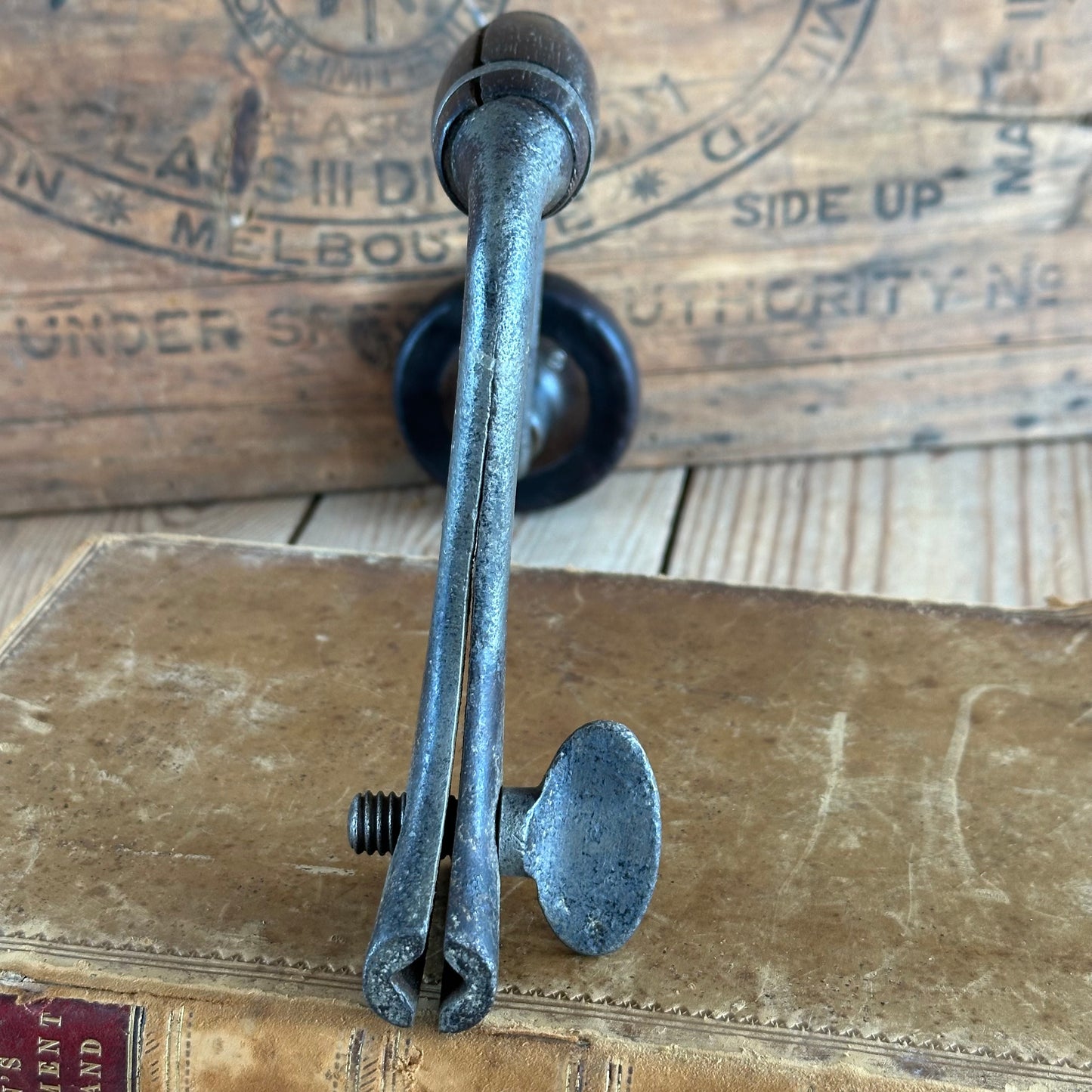 T2947 Antique JOHN FRAY 8” Pewter Ring Cocobolo Handled Drill BRACE