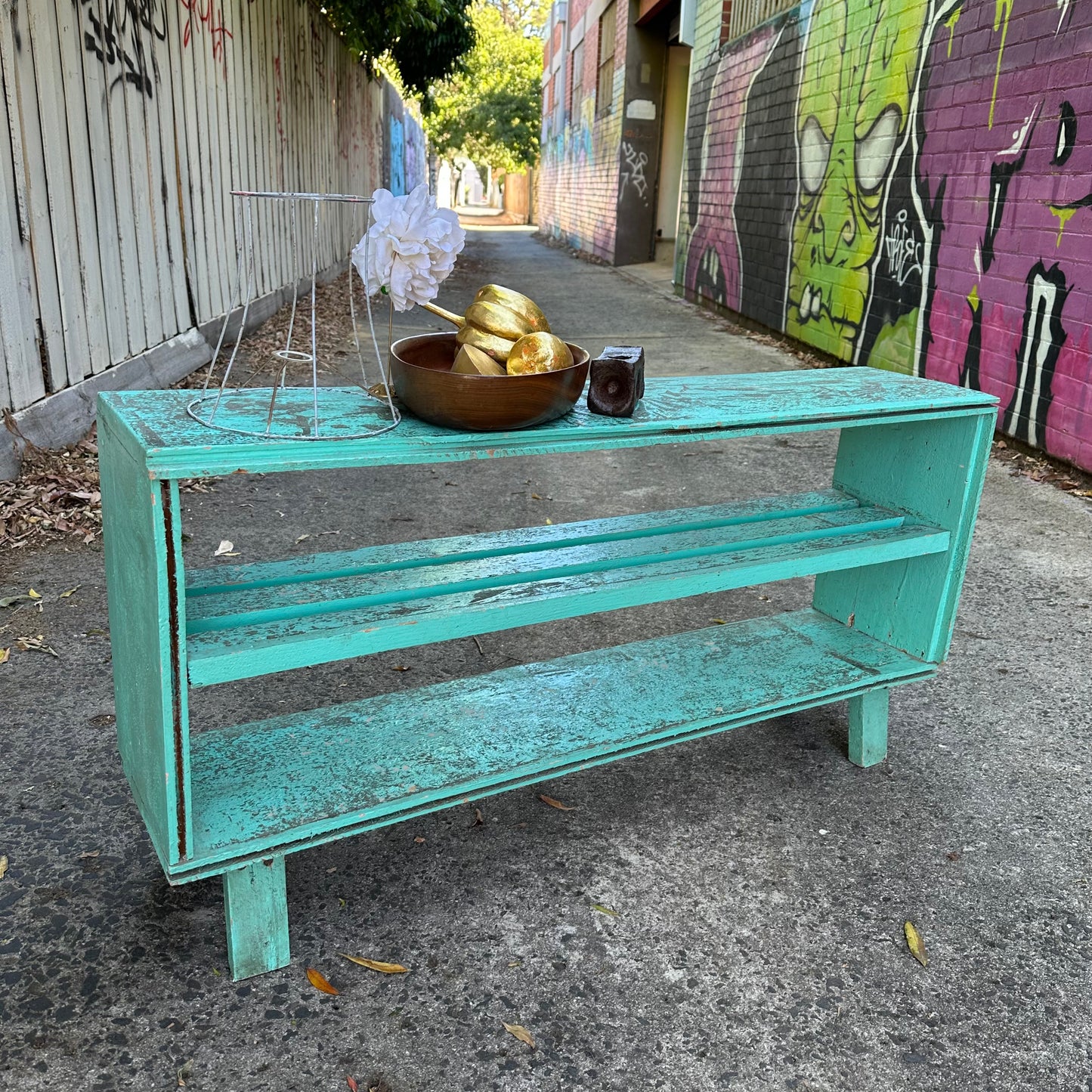 H2383 Vintage distressed shabby chic depression era GREEN Pine SHELVES