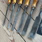 H2361 Vintage set of 6 x E.A. BERG Sweden wooden handled BEVEL CHISELS