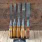 H2523 Vintage set of 5 x SWEDISH E.A. BERG Birch handled socketed BEVEL CHISELS