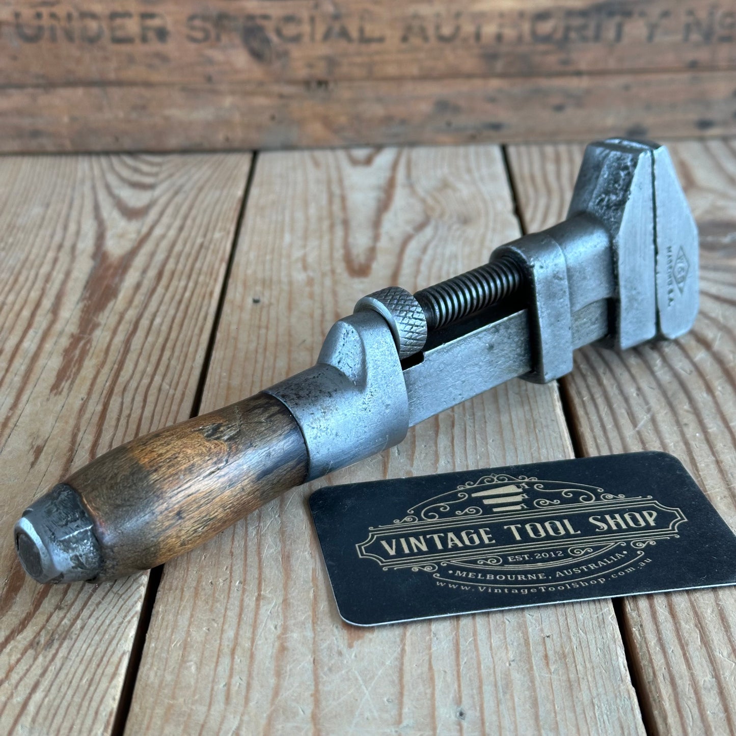 H2367 Vintage WHITMAN & BARNES USA Adjustable 8” WRENCH wooden handle