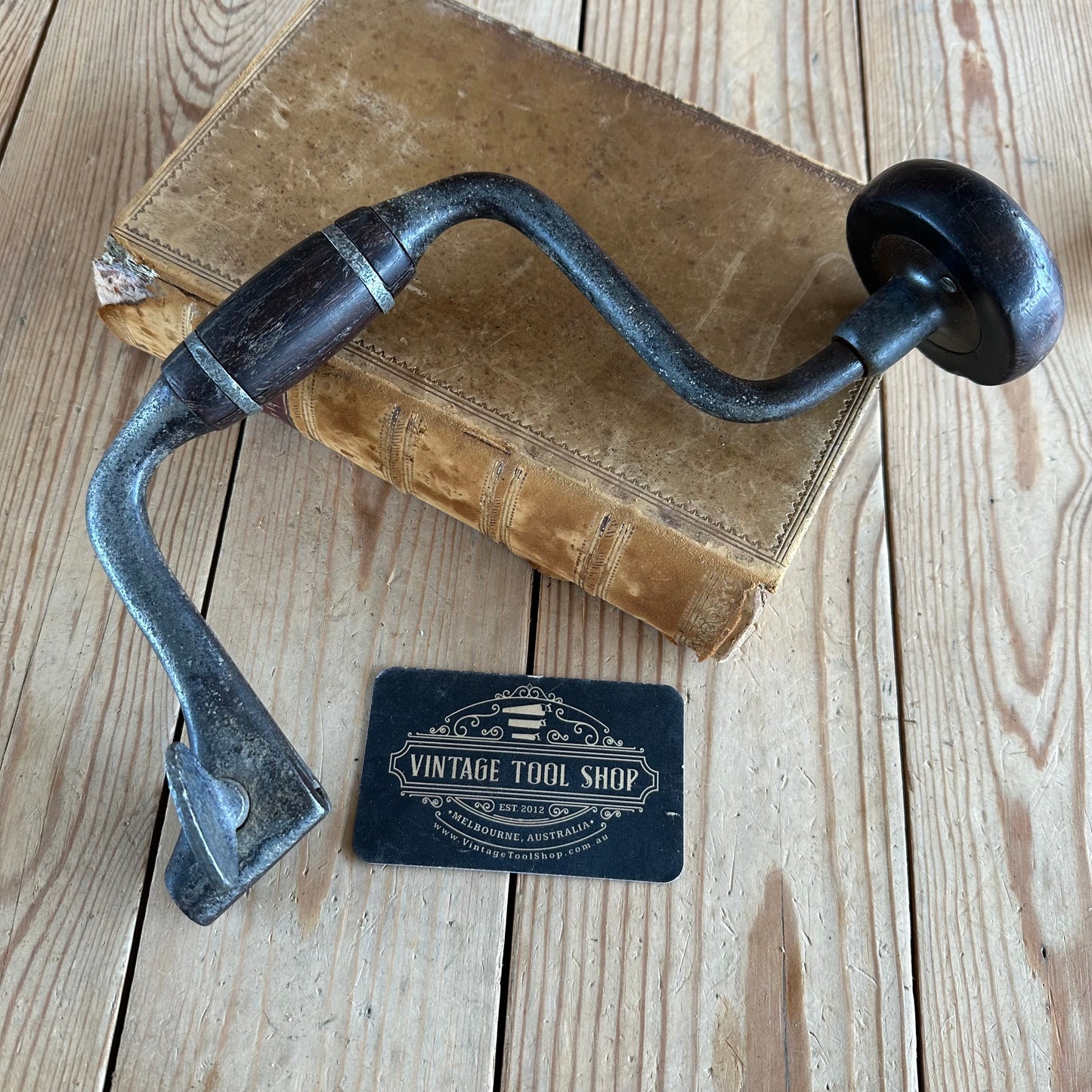 T2947 Antique JOHN FRAY 8” Pewter Ring Cocobolo Handled Drill BRACE