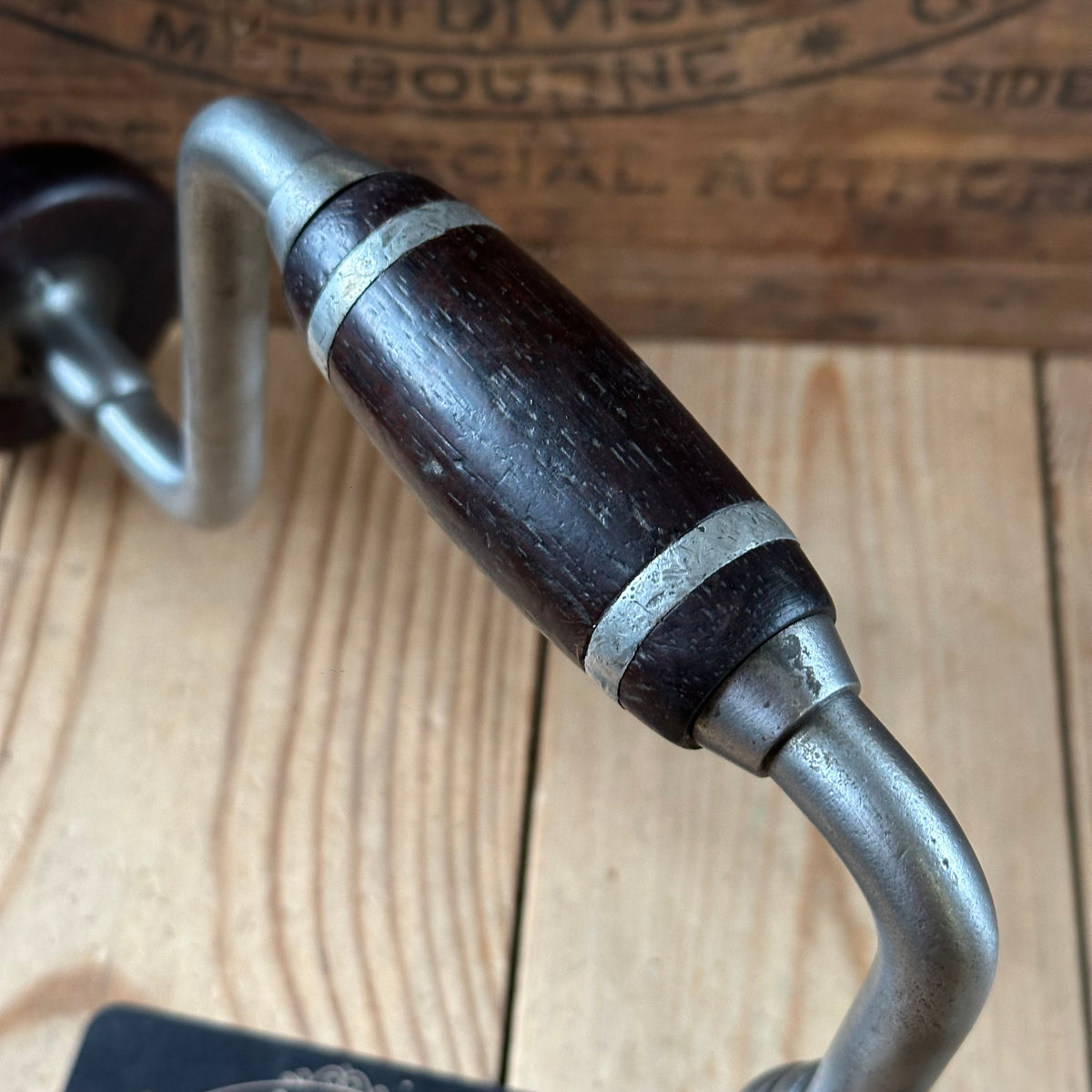H2113 SCARCE! Antique JOHN S FRAY No:102 BRACE Brace with Pewter inlaid COCOBOLO handles