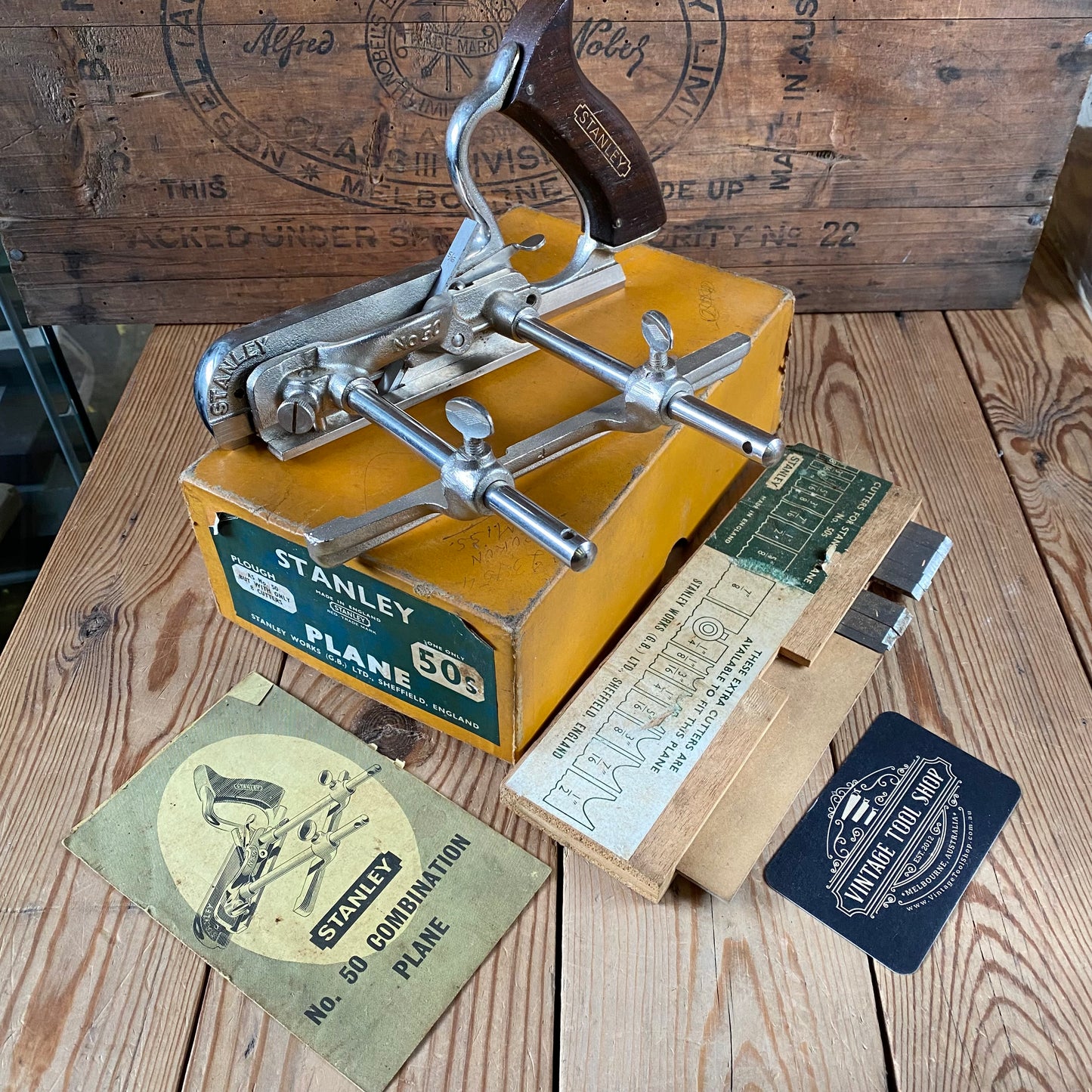 H2311 Vintage STANLEY England No.50s plough PLANE with cutters IOB