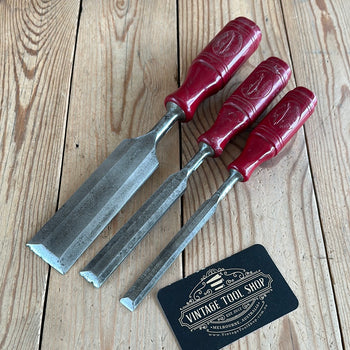 SOLD N703 Vintage set of 3 SWEDISH BAHCO E.A. BERG red resin handle BEVEL CHISELS