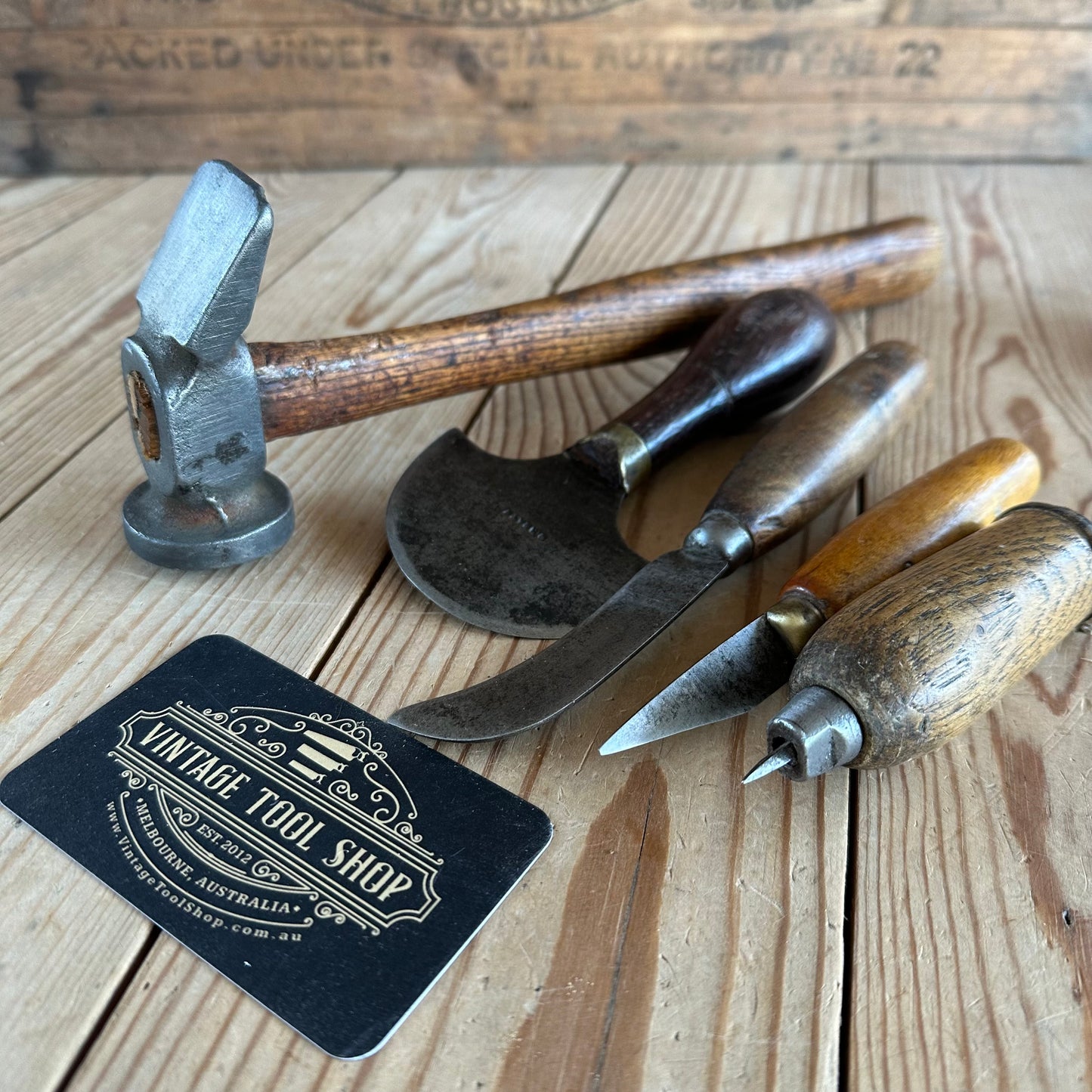 SOLD. H2240 Vintage set of 5 leather work TOOLS cobblers hammer awl knife 1/2 moon