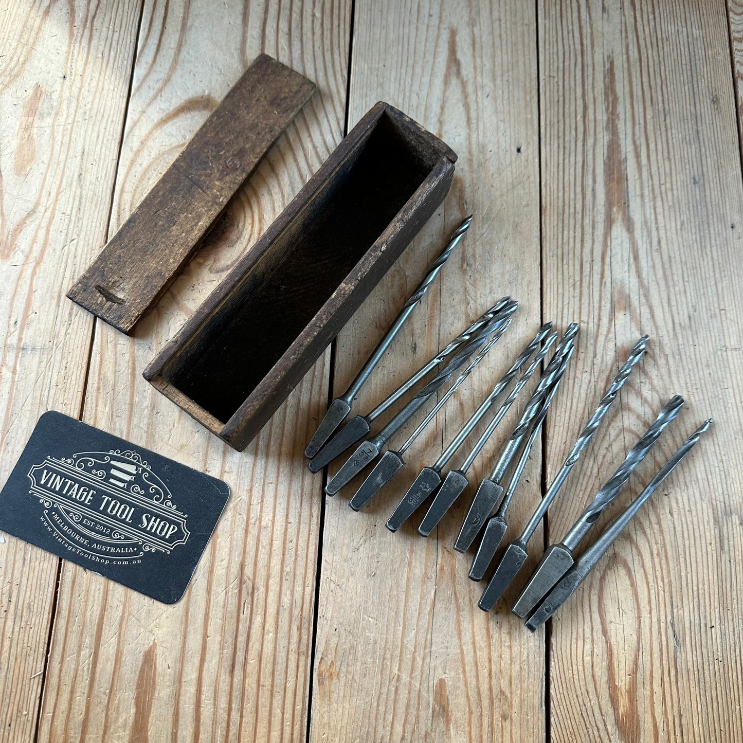 H2516 Vintage BOXED mixed set of 10 x CLEVELAND style wood drill BITS brace BIT set
