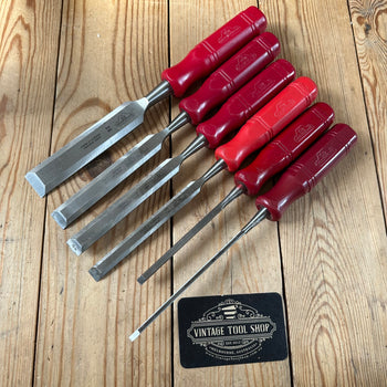 N1817 AWESOME! Vintage set of 6 NOOITGEDAGT Holland red resin handle BEVEL CHISELS