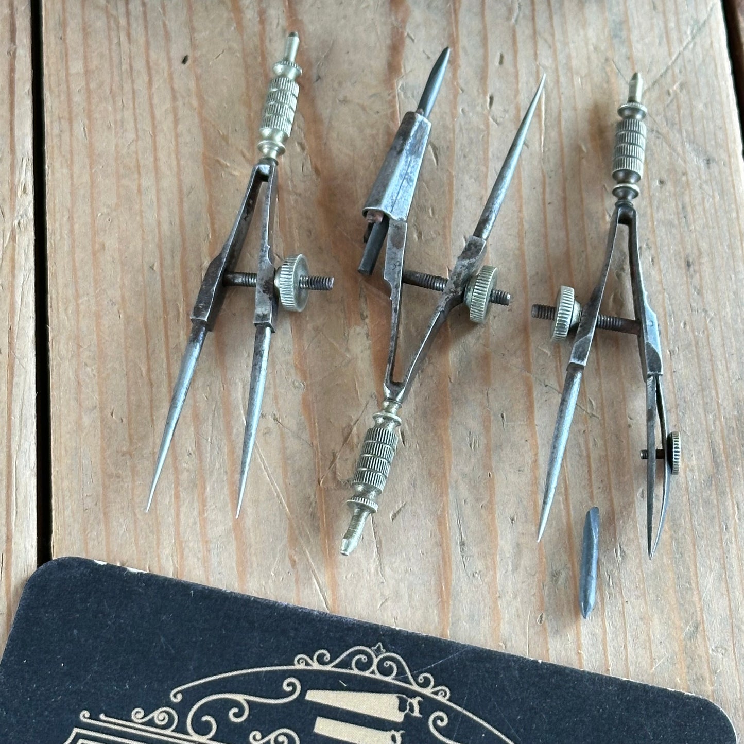 SOLD. H1954 Antique small fancy DRAFTING tools DRAWING SET in leather box & 1814 envelope-letter