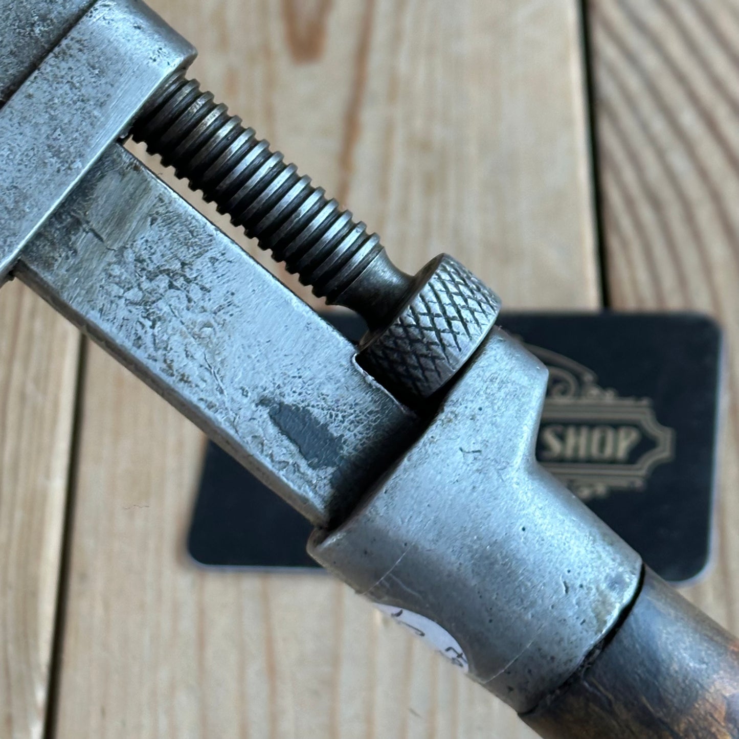 H2367 Vintage WHITMAN & BARNES USA Adjustable 8” WRENCH wooden handle