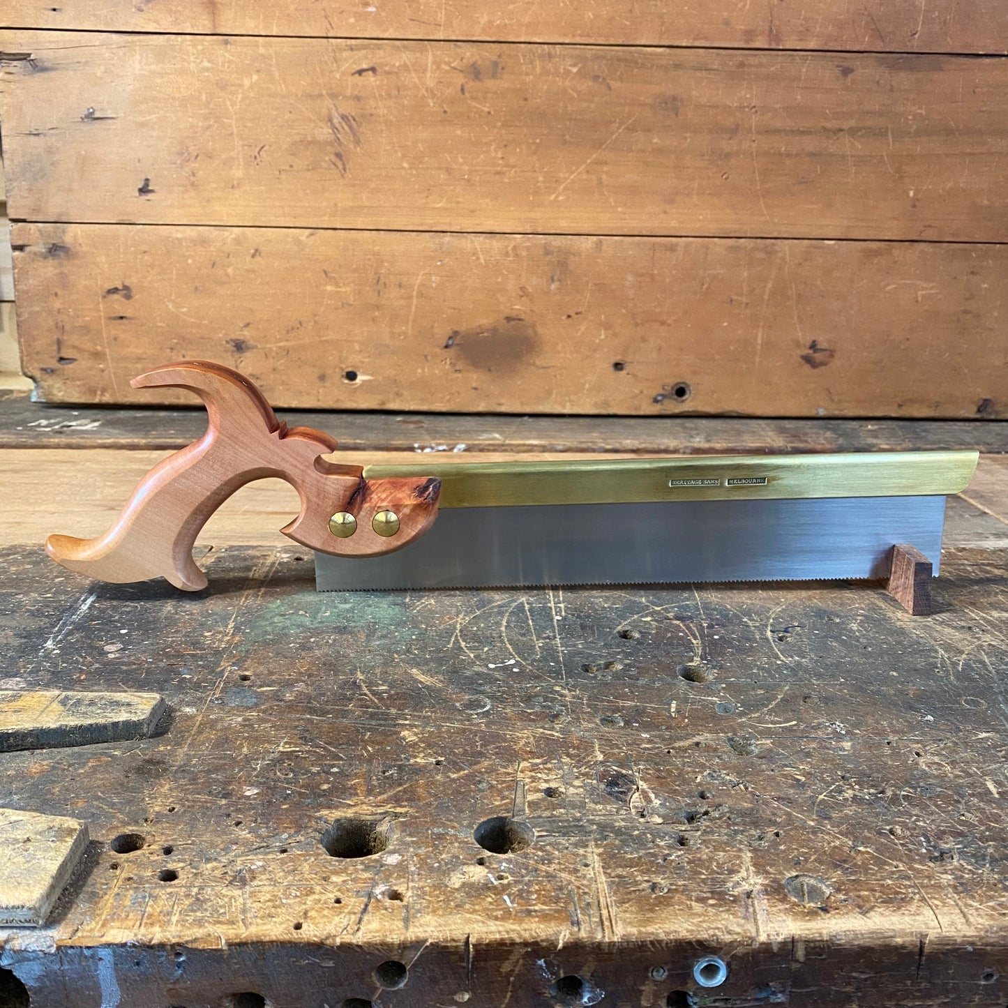 VHS200 LEFT HAND HERITAGE SAWS Custom 12” FITZROY model 14ppi rip DOVETAIL SAW with a SCARRED MYRTLE handle
