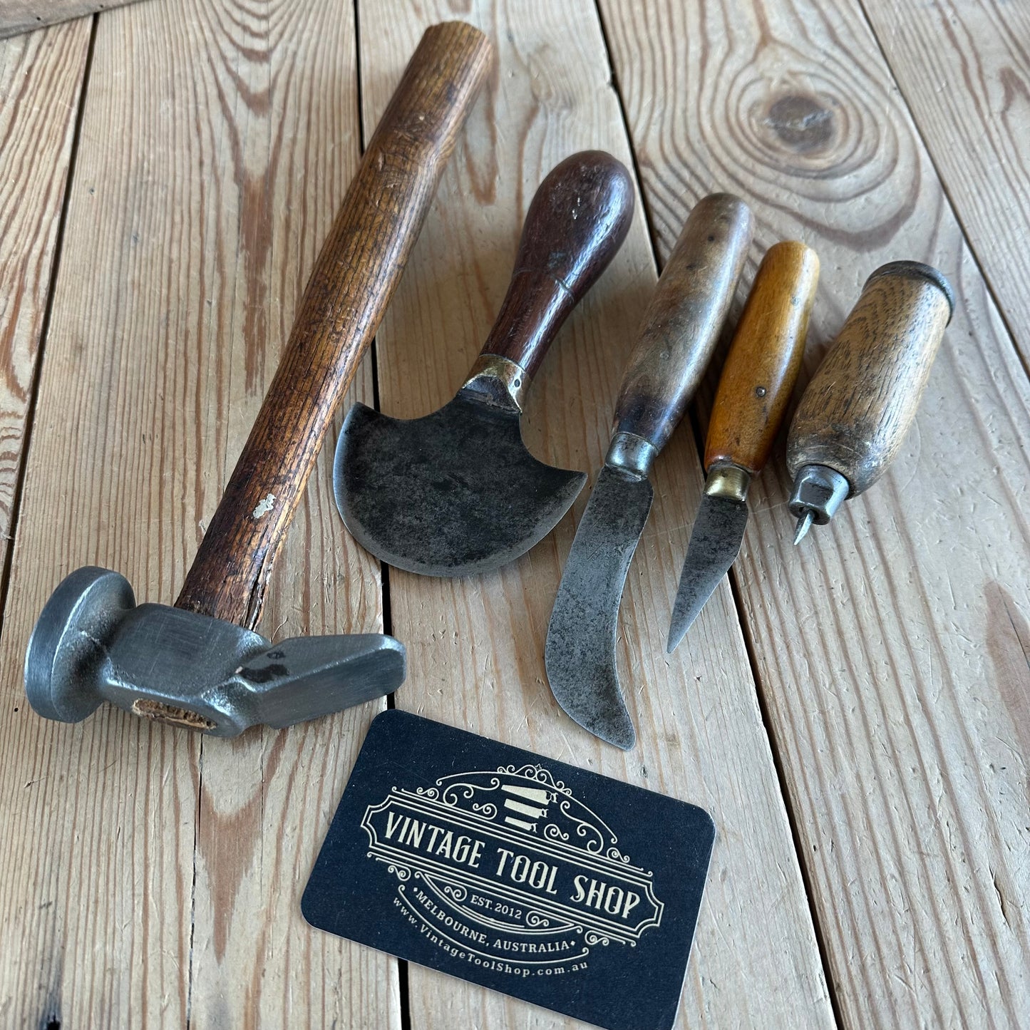 SOLD. H2240 Vintage set of 5 leather work TOOLS cobblers hammer awl knife 1/2 moon