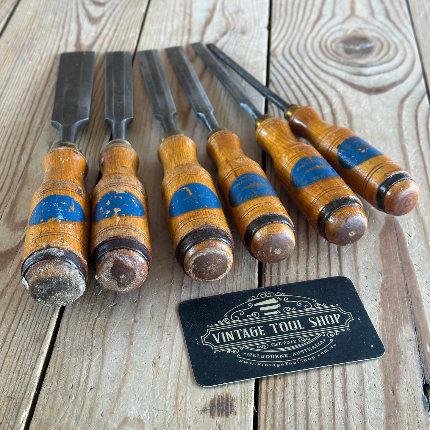 H2361 Vintage set of 6 x E.A. BERG Sweden wooden handled BEVEL CHISELS