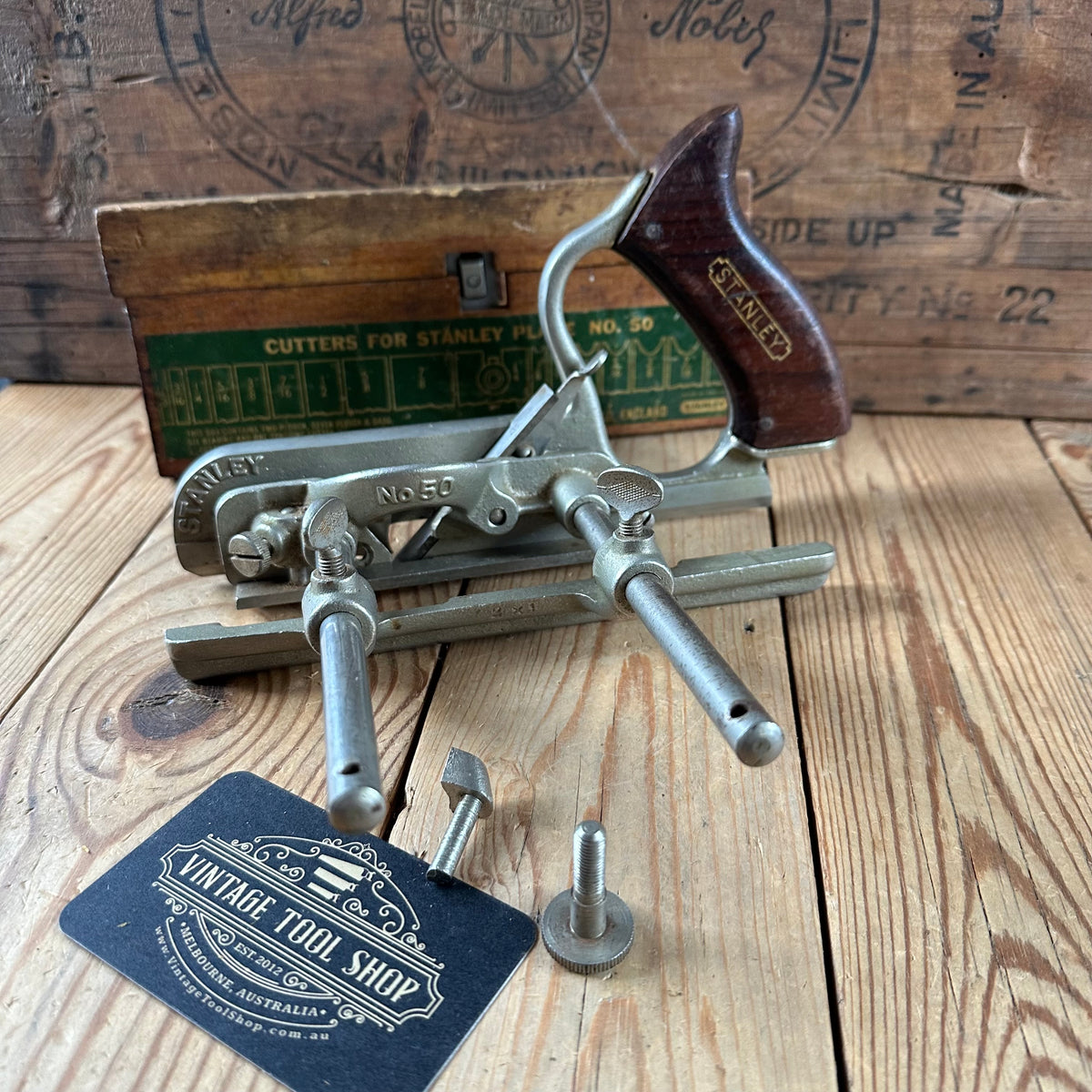 H2648 Vintage STANLEY England No.50 plough Plow PLANE Rosewood Handle 17 cutters