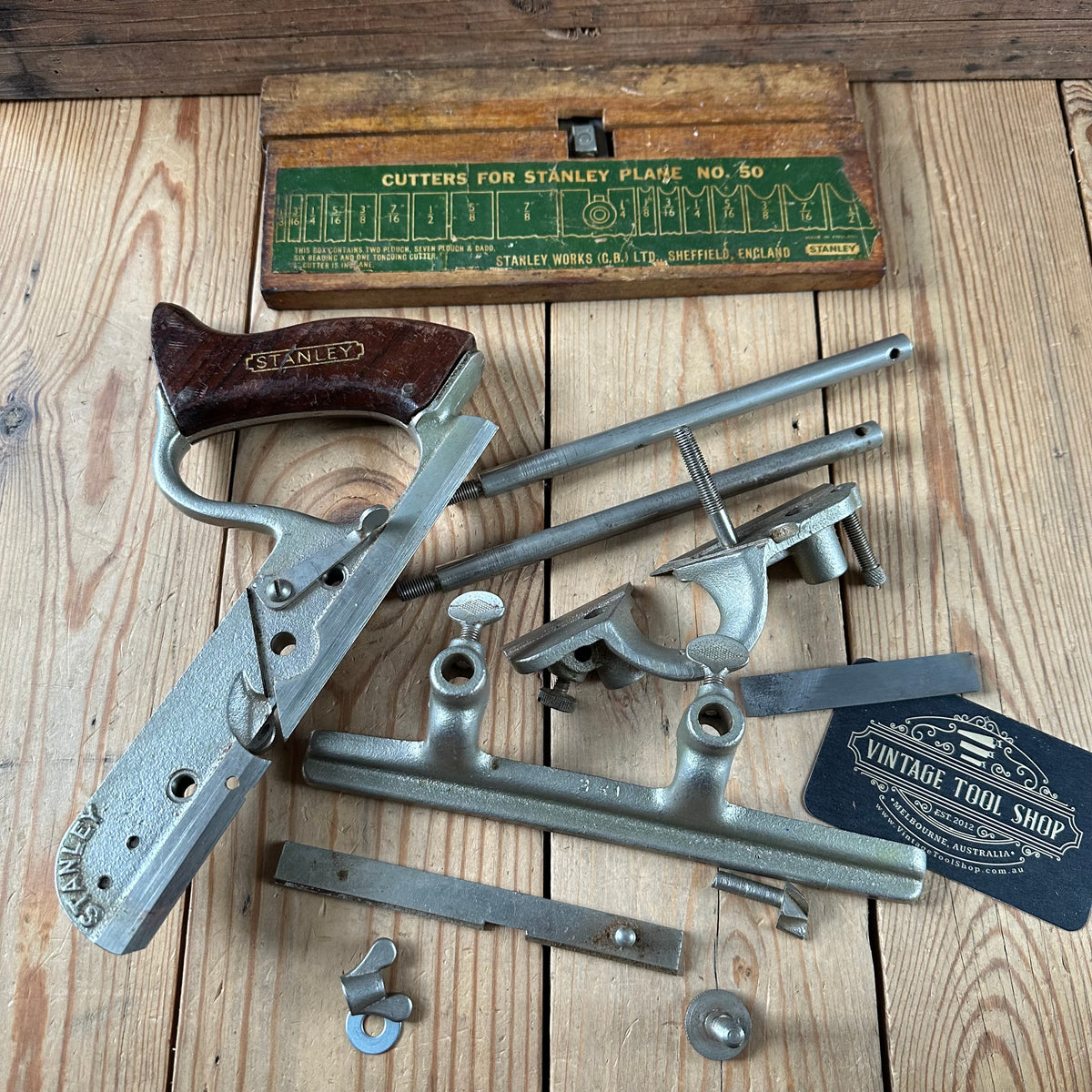 H2648 Vintage STANLEY England No.50 plough Plow PLANE Rosewood Handle 17 cutters