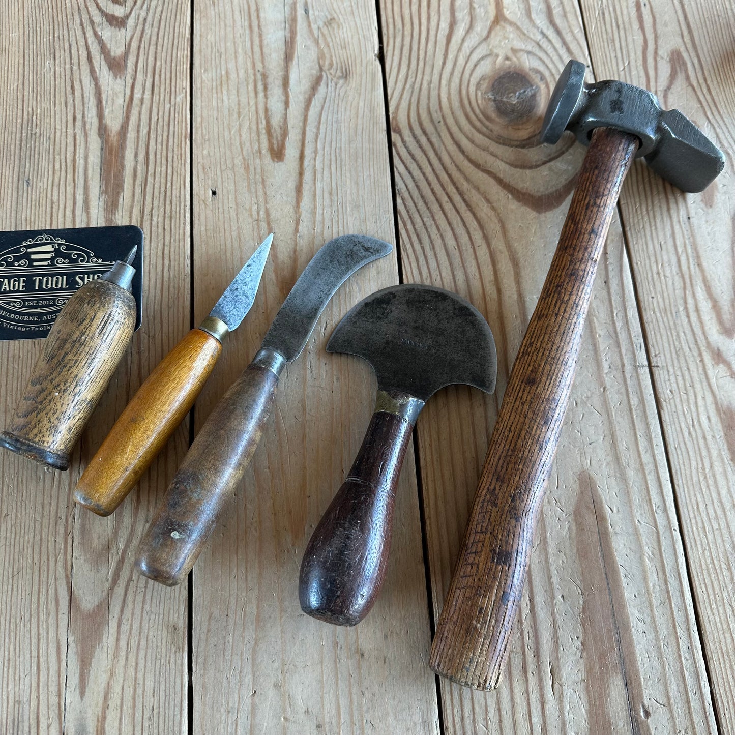 SOLD. H2240 Vintage set of 5 leather work TOOLS cobblers hammer awl knife 1/2 moon