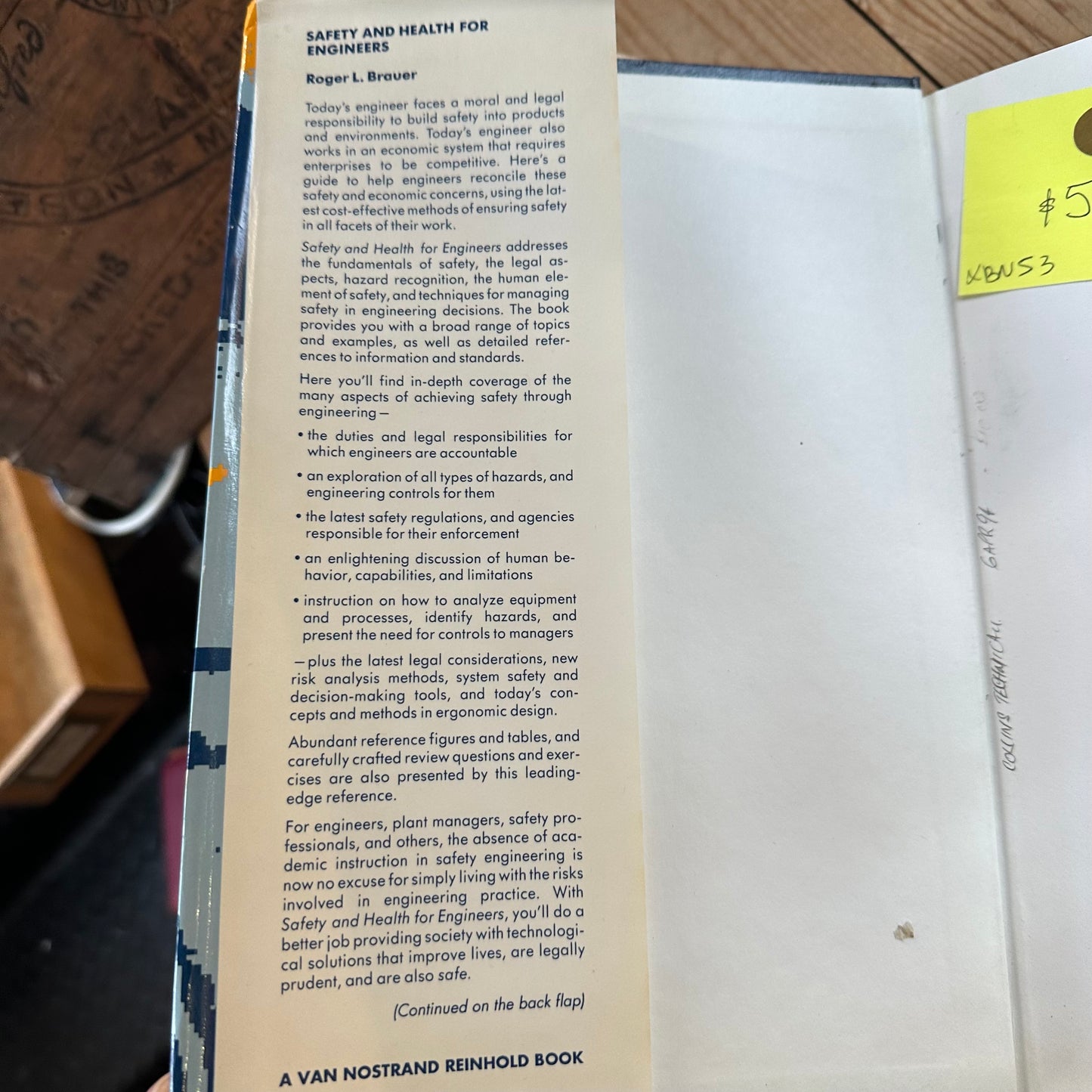 XBN53 Vintage 1990 BOOK SAFETY and HEALTH for Engineers by R.L.Brauer