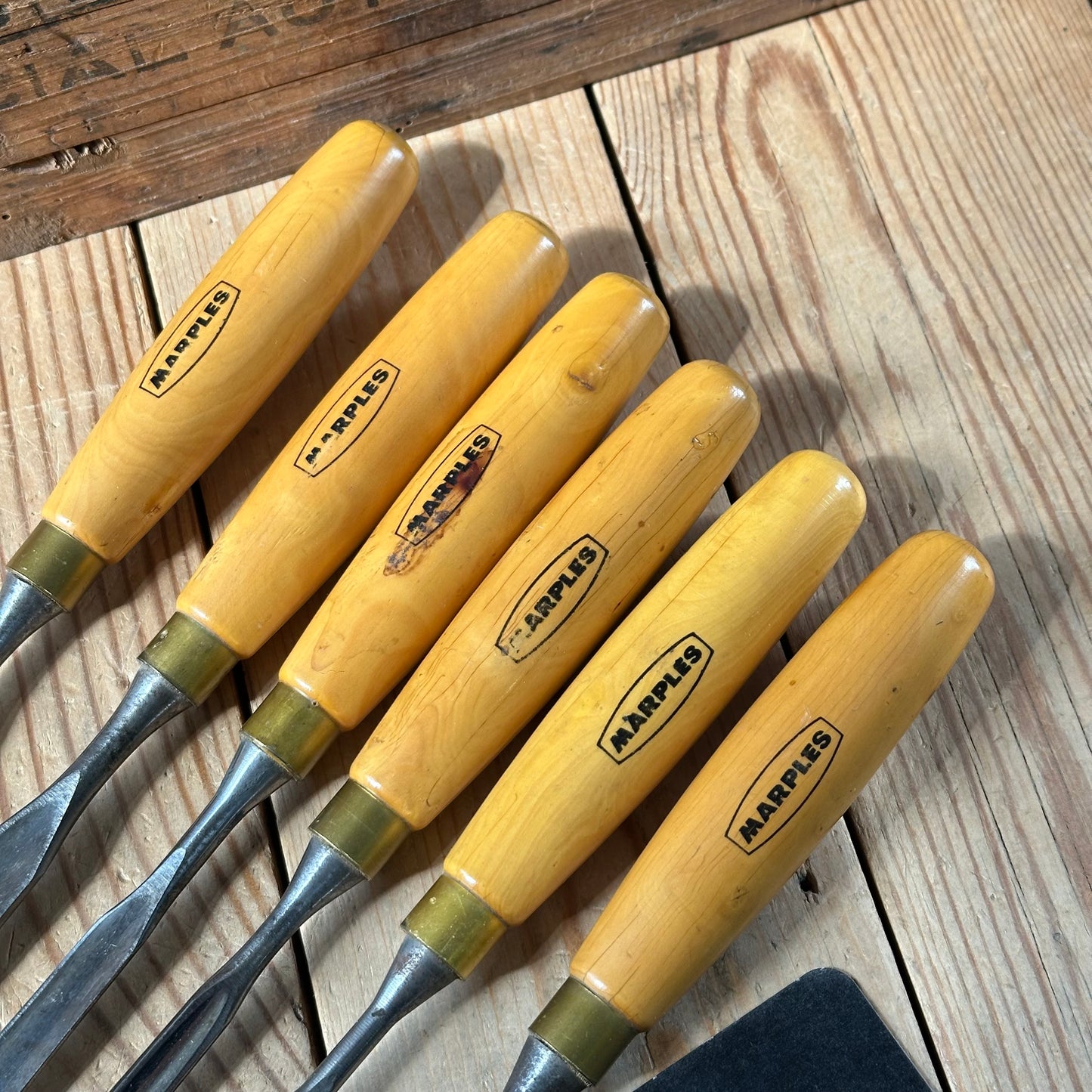 H2571 Vintage set of 6 MARPLES England Boxwood Handled Carving GOUGES CHISELS