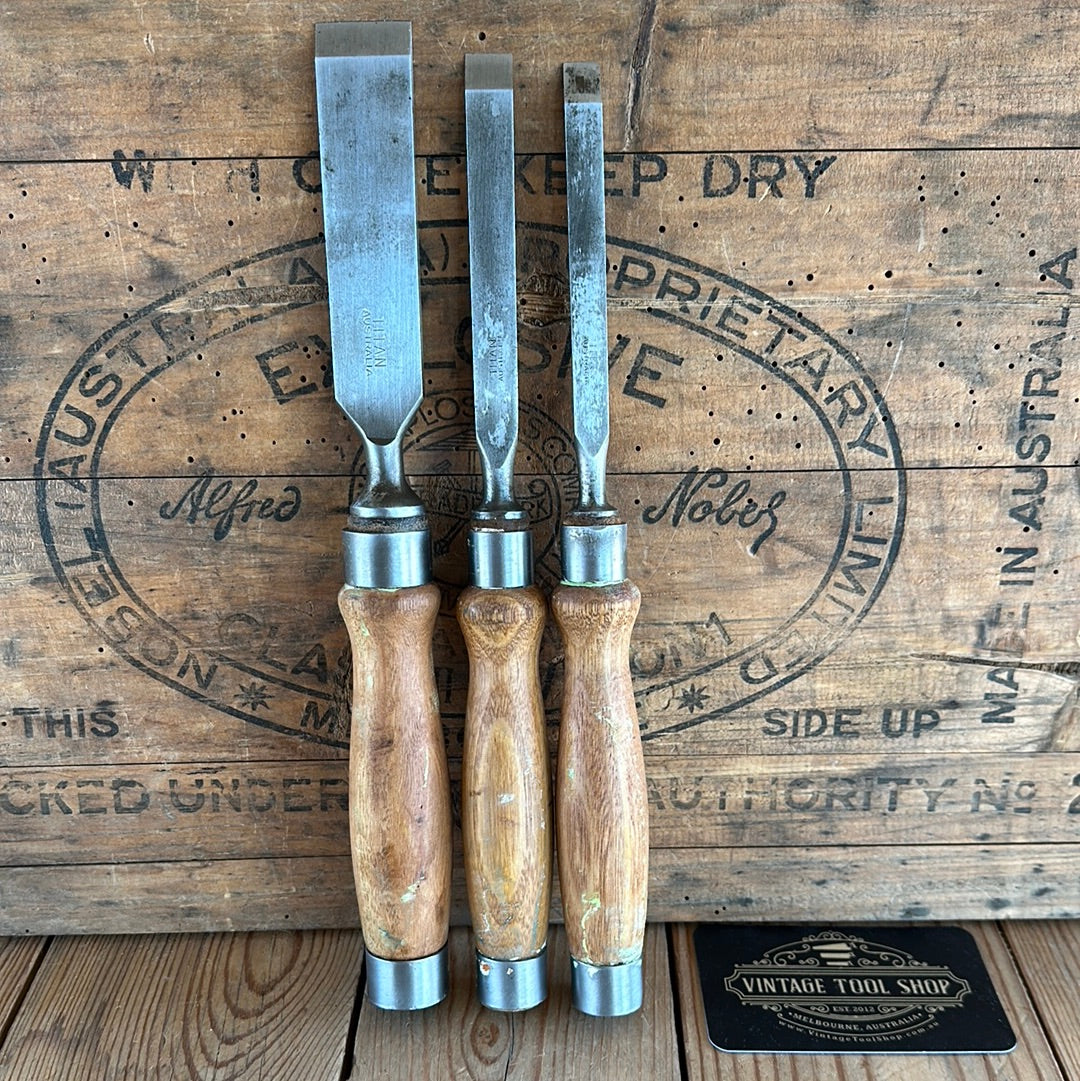 N463 Vintage set of 3 x TITAN Australia No:101 Registered Firmer CHISELS