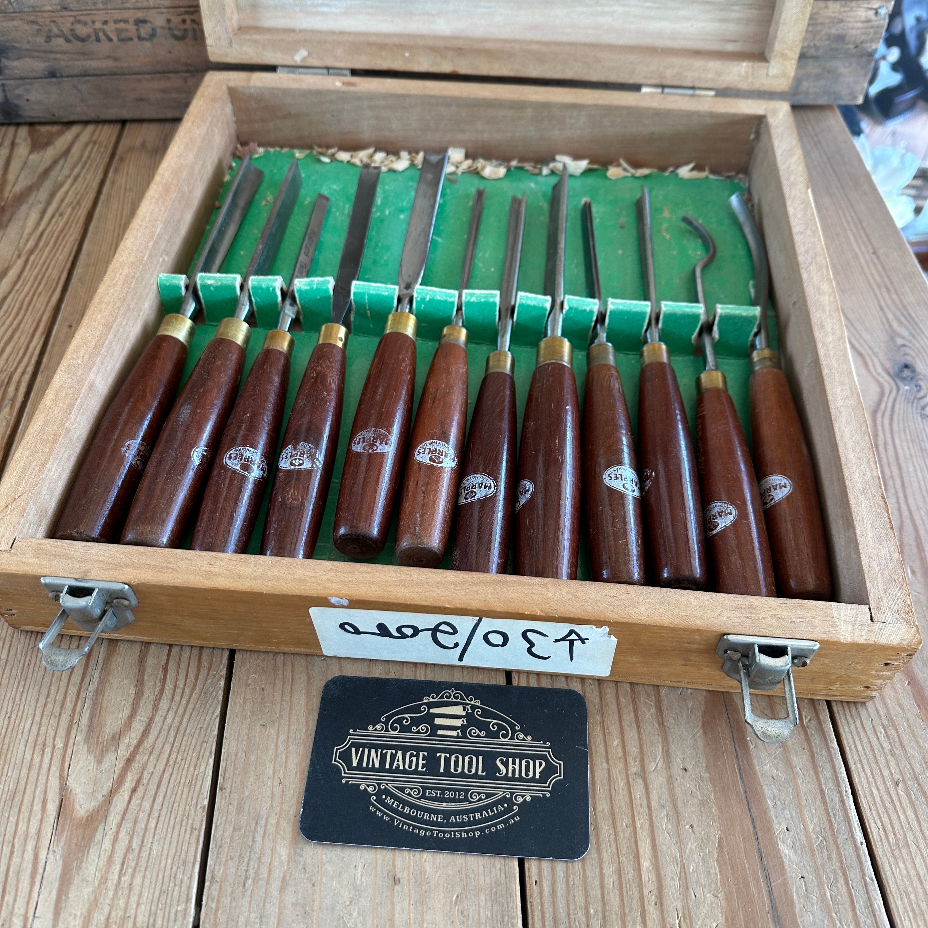 SOLD N300 Vintage set of 12 MARPLES England Carving CHISELS in a woode ...