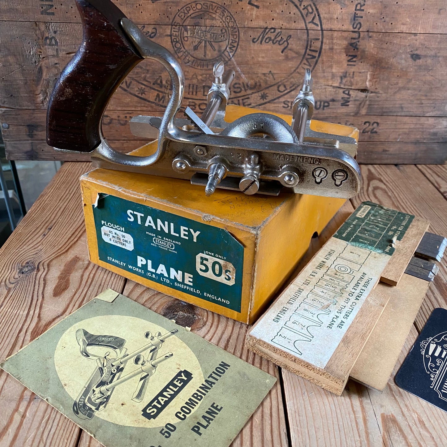 H2311 Vintage STANLEY England No.50s plough PLANE with cutters IOB