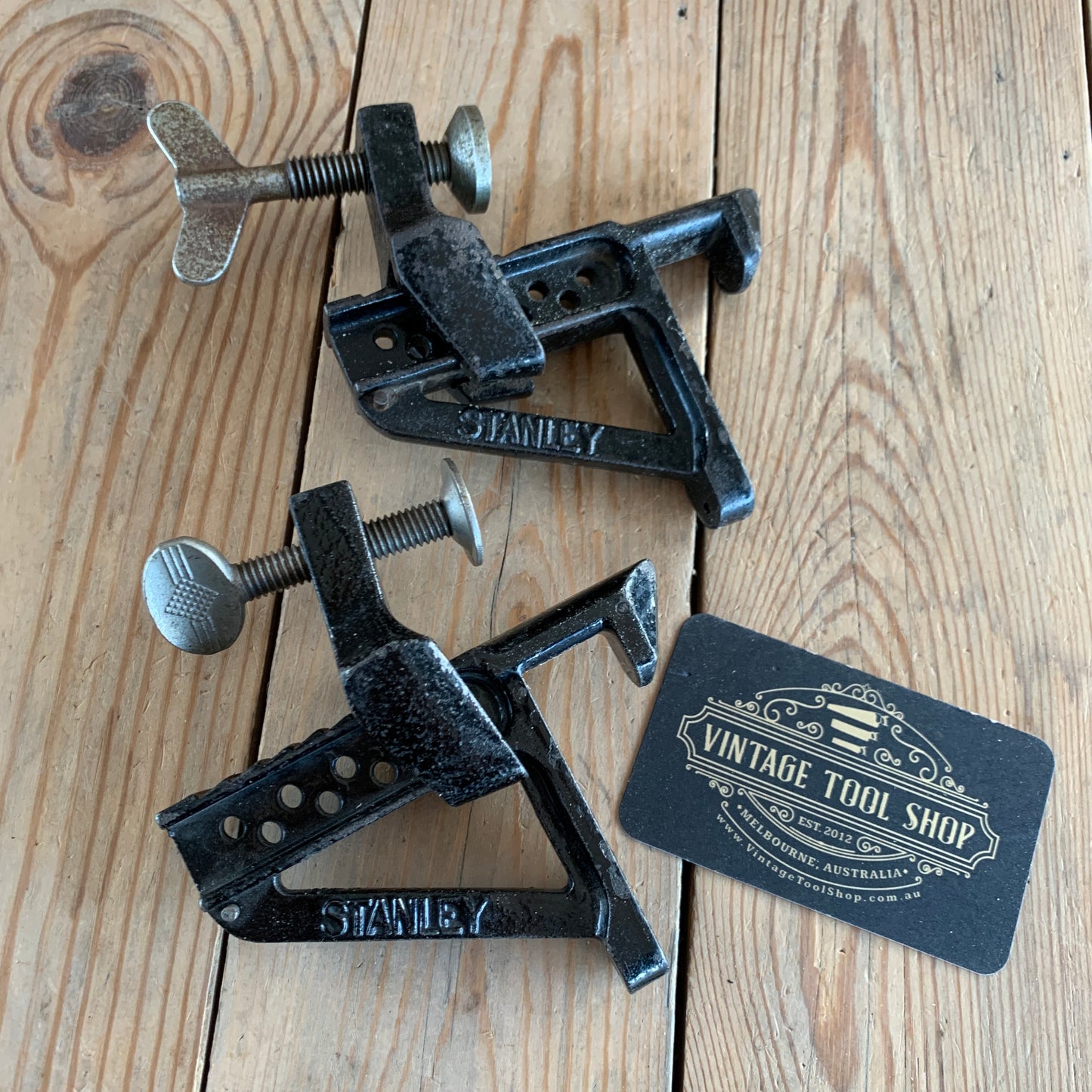 SOLD T9806 Vintage pair of STANLEY No.203 BENCH CLAMPS