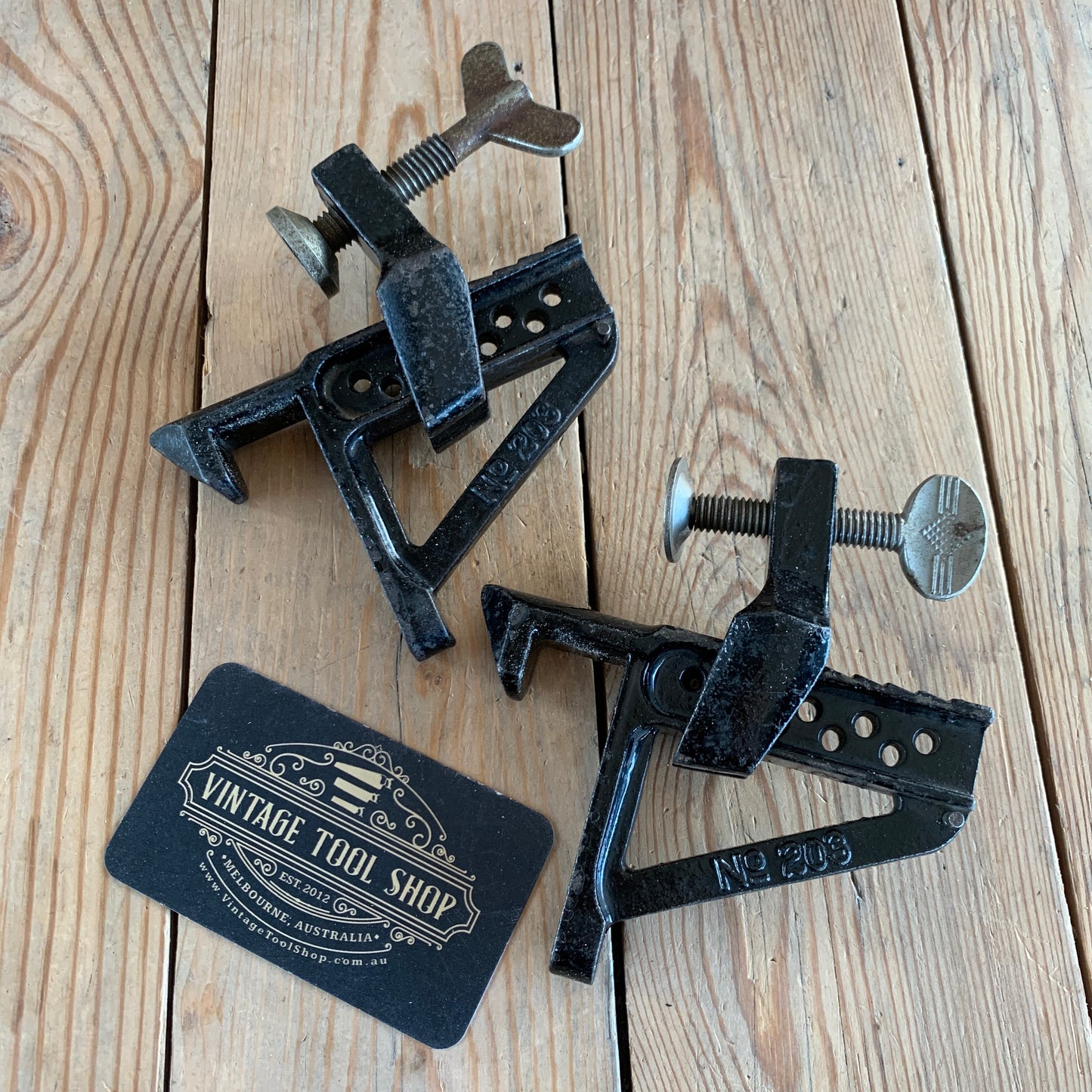 SOLD T9806 Vintage pair of STANLEY No.203 BENCH CLAMPS