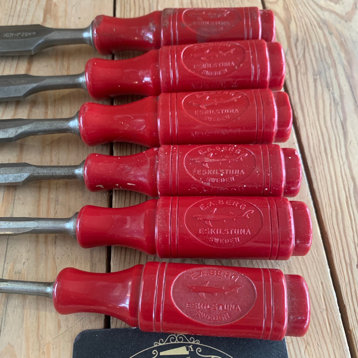 SOLD T9863 Vintage set of 6 + 1 SWEDISH E.A. BERG red resin handle BEVEL CHISELS