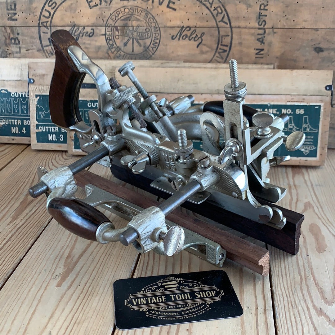 SOLD Antique STANLEY USA No.55 Sweetheart era Combination PLANE full 55 CUTTERS IOB T8973