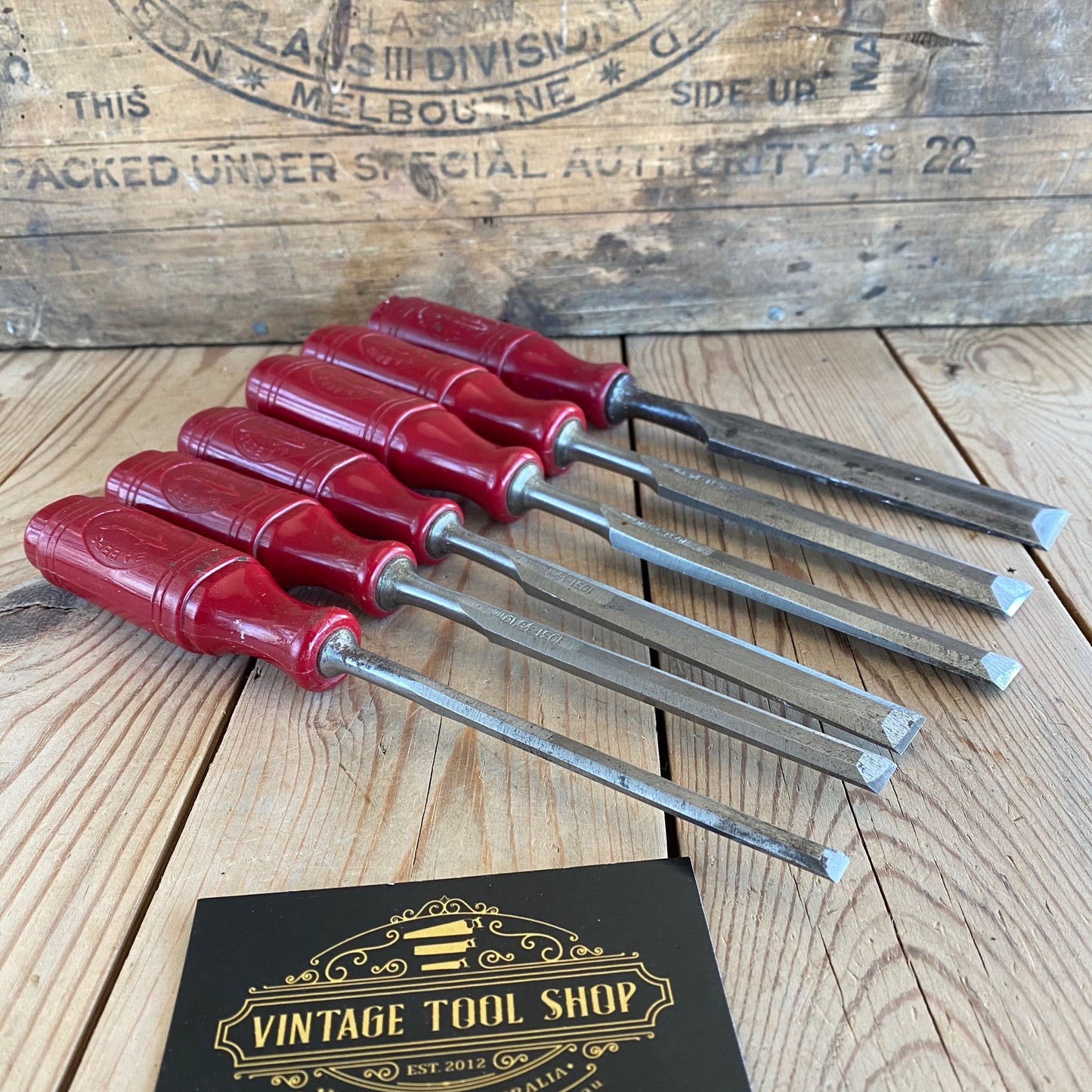 SOLD Vintage set of 6 SWEDISH E.A. BERG red resin handle BEVEL CHISELS T10020