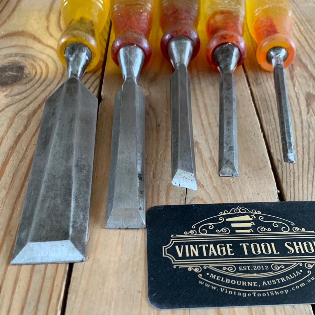 SOLD D770 Vintage MARPLES 5x bevel CHISELS with resin handles