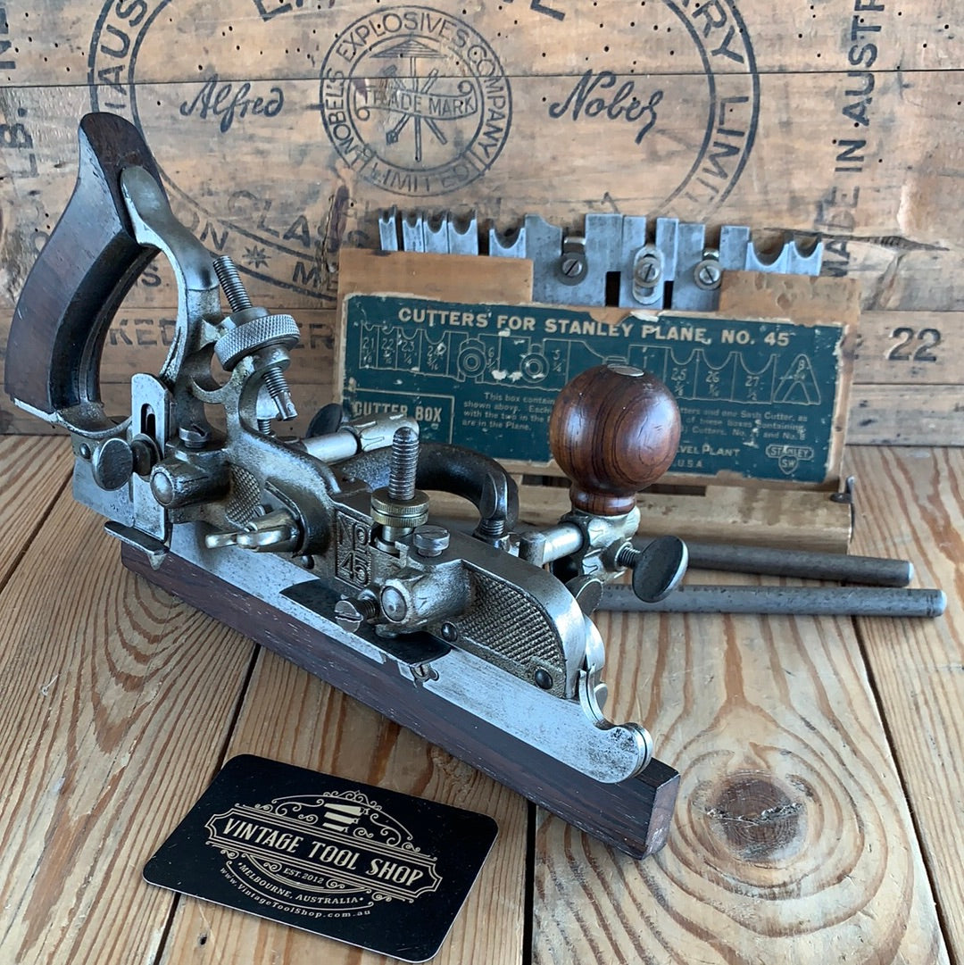 SOLD i85 Vintage STANLEY USA No.45 Sweetheart era Combination PLANE with cutters