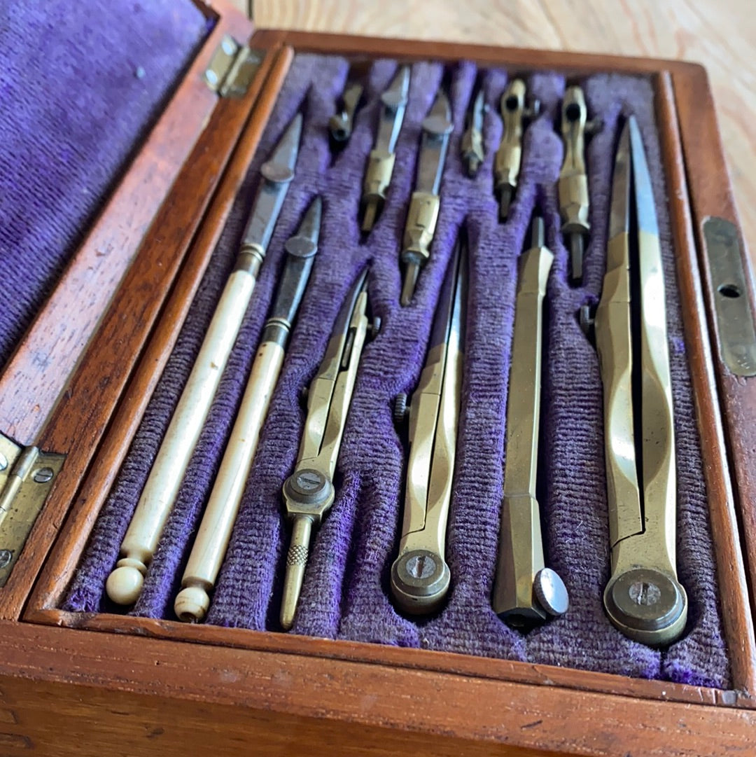SOLD antique fancy DRAFTING tools DRAWING SET brass & Ivory handles in wooden box