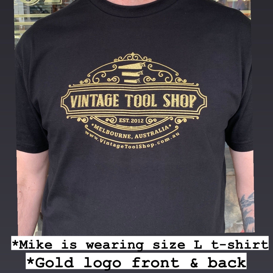 Black VINTAGE TOOL SHOP Gold logo 100% Cotton T-SHIRT Size S-3XL