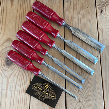 SOLD Vintage set of 6 SWEDISH E.A. BERG red resin handle BEVEL CHISELS T10020