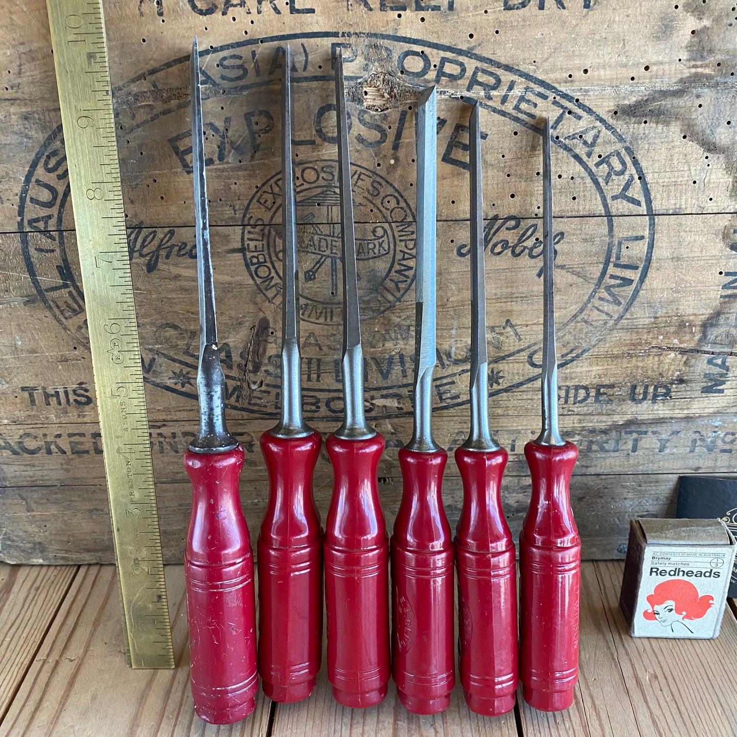 SOLD Vintage set of 6 SWEDISH E.A. BERG red resin handle BEVEL CHISELS T10020