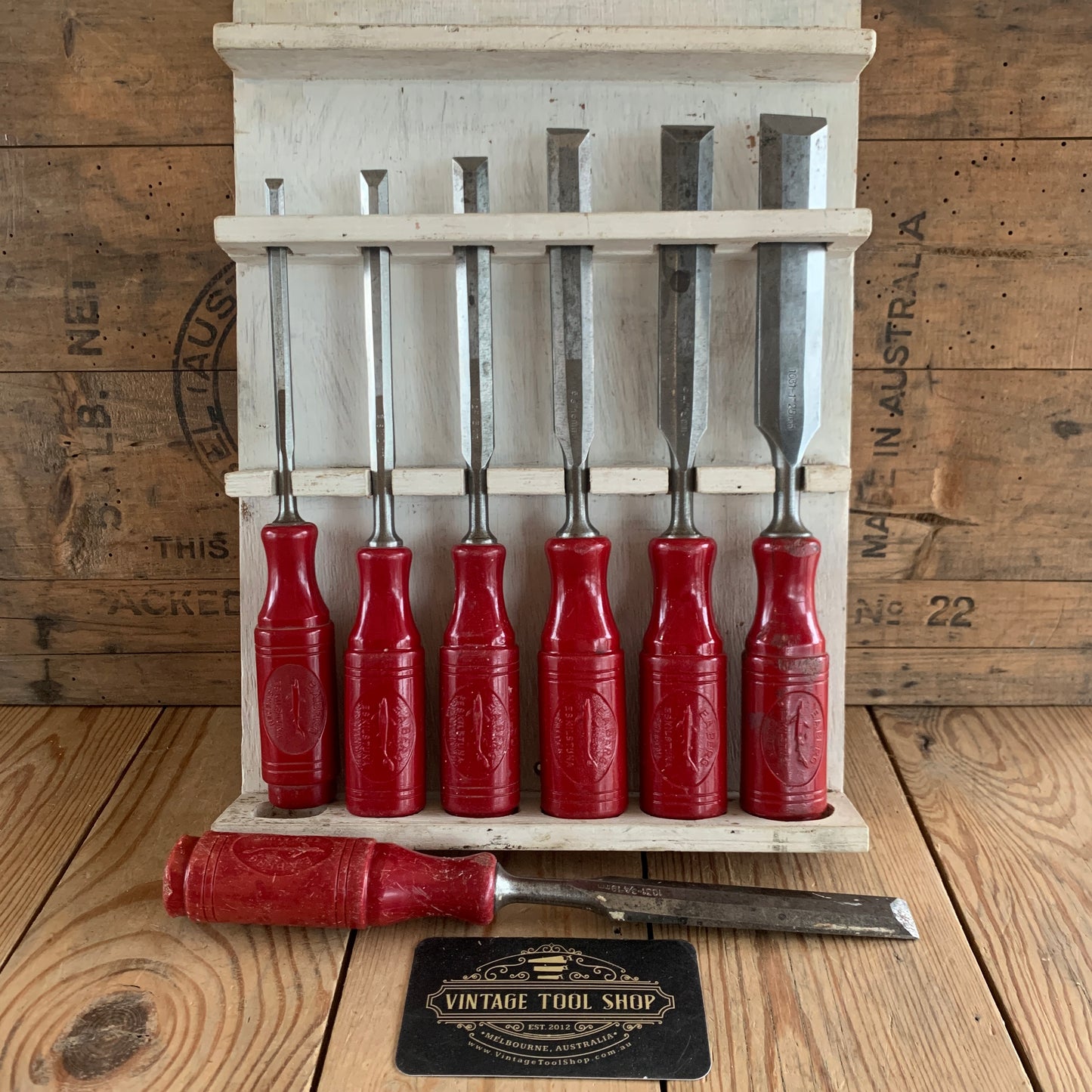 SOLD T9863 Vintage set of 6 + 1 SWEDISH E.A. BERG red resin handle BEVEL CHISELS