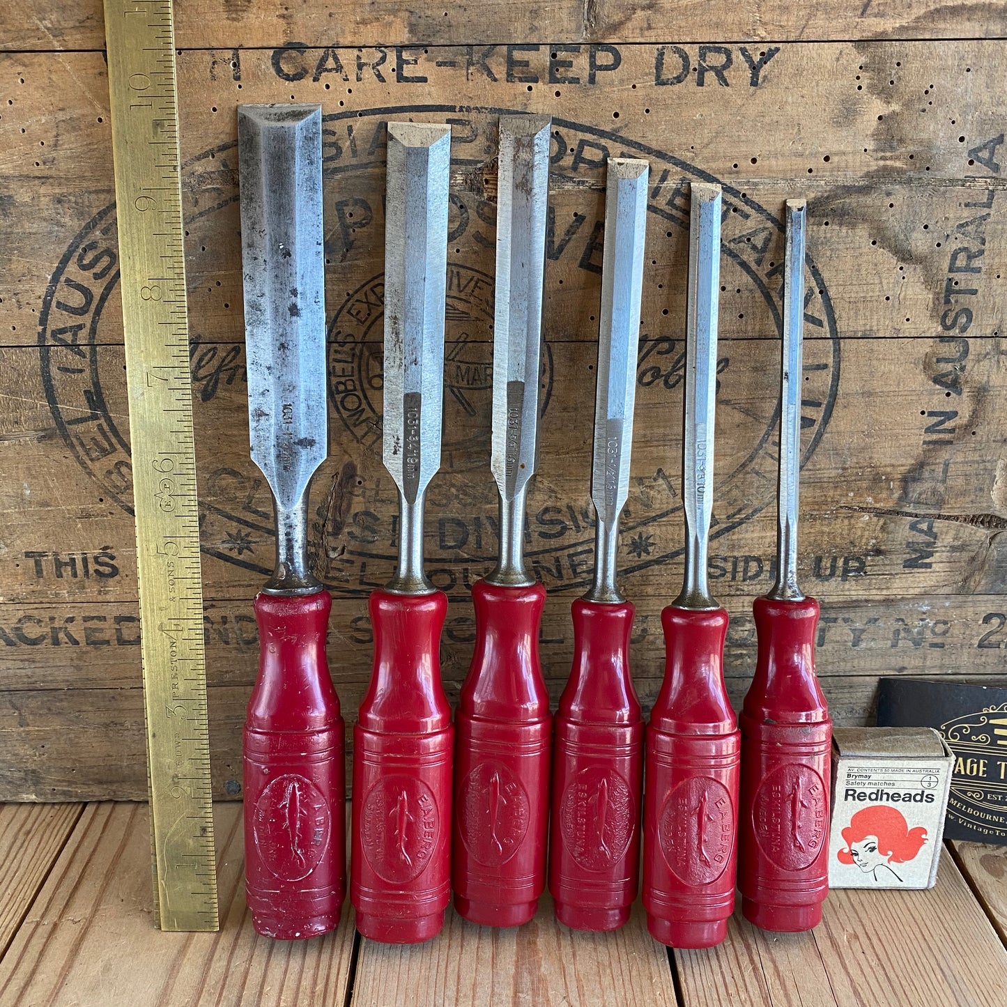 SOLD Vintage set of 6 SWEDISH E.A. BERG red resin handle BEVEL CHISELS T10020