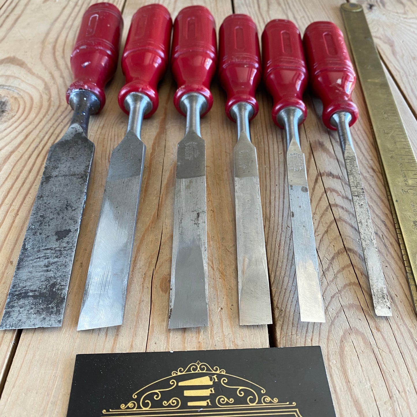 SOLD Vintage set of 6 SWEDISH E.A. BERG red resin handle BEVEL CHISELS T10020